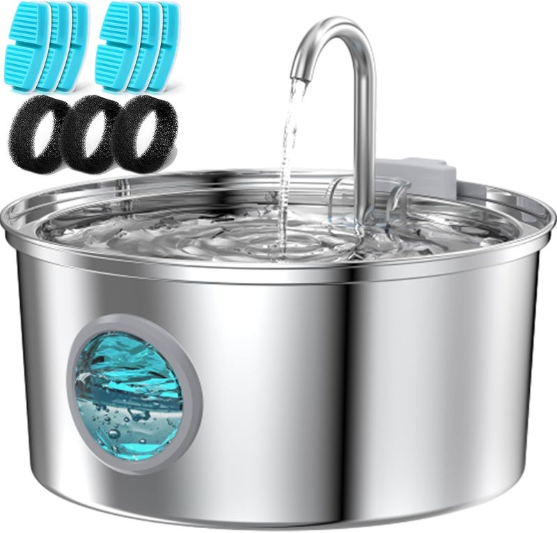 FOFNON Cat Water Fountain Stainless Steel: Cat Fountain for Drinking - 108oz/3.2L Pet Water Fountain for Cats Indoor - Quiet Water Fountain for Cats - Faucet Pet Fountain - Contains 6 Filters + 3 Sponges - Image 1
